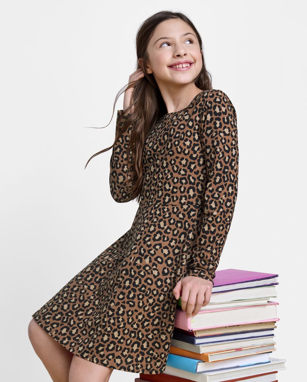 Girls Above the Knee Crew Neck Animal Cheetah Print Long Sleeves Skater Dress