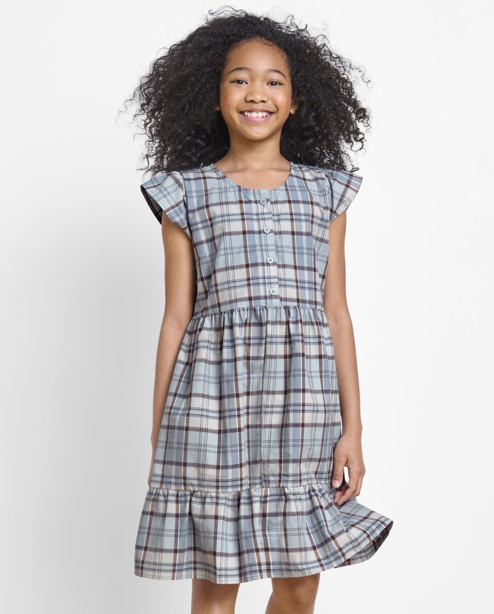 Girls Crew Neck Plaid Print Tiered Button Front Flutter Short Sleeves Sleeves Above the Knee Dress