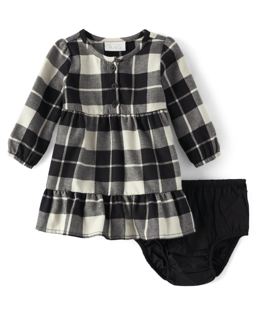 Toddler Crew Neck Plaid Print Long Sleeves Above the Knee Button Front Tiered Elasticized Waistline Shirt Dress