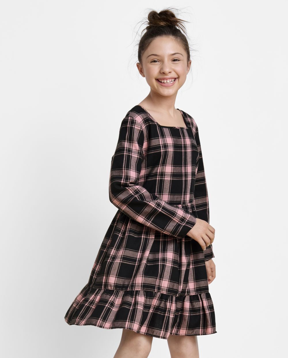 Girls Above the Knee Plaid Print Long Sleeves Tiered Square Neck Dress