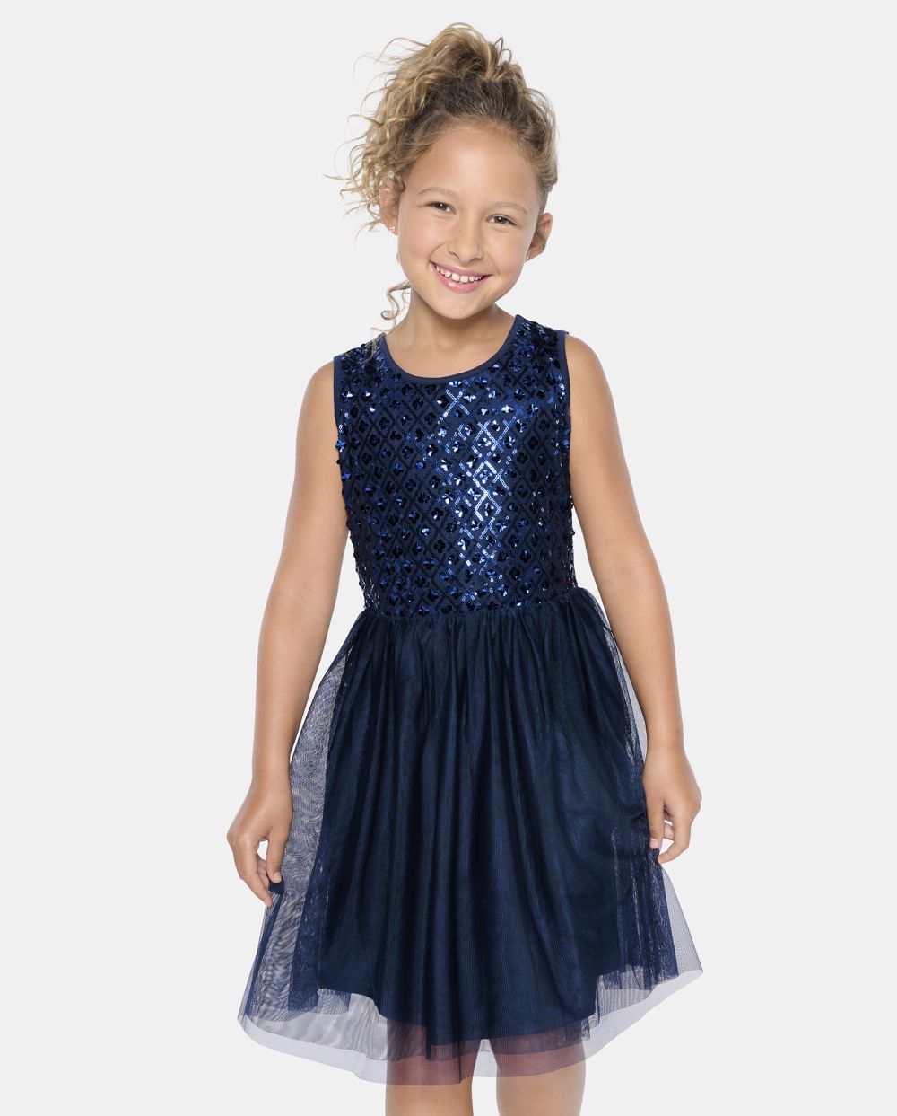 Girls Sequined Mesh Fitted Fit-and-Flare Crew Neck Sleeveless Above the Knee Dress