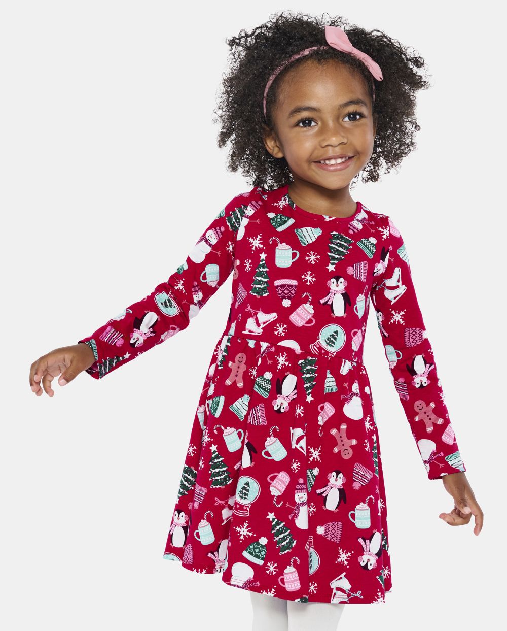 Toddler Baby Above the Knee General Print Crew Neck Long Sleeves Skater Dress