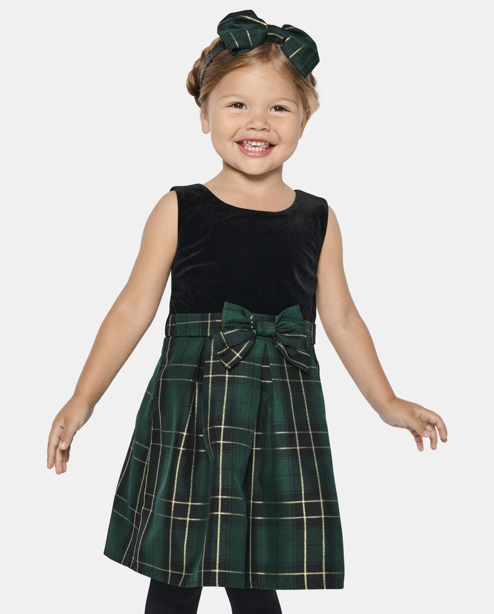Toddler Fit-and-Flare Mesh Fitted Sleeveless Above the Knee Crew Neck Plaid Print Dress With a Bow(s)
