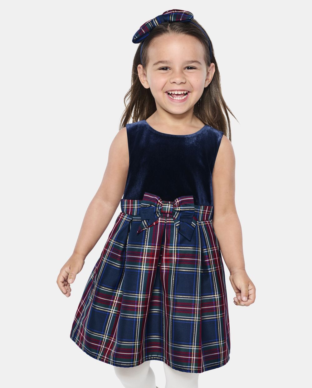 Toddler Fit-and-Flare Crew Neck Above the Knee Sleeveless Fitted Mesh Plaid Print Dress With a Bow(s)