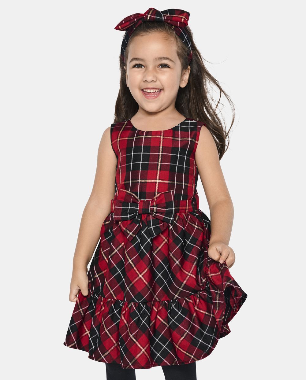 Toddler Crew Neck Sleeveless Fitted Tiered Plaid Print Fit-and-Flare Above the Knee Dress With a Bow(s)