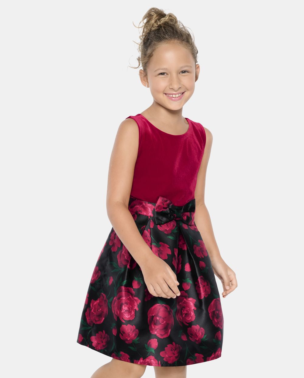 Girls Fit-and-Flare Above the Knee Sleeveless Crew Neck Back Zipper Fitted Floral Print Dress With a Bow(s)
