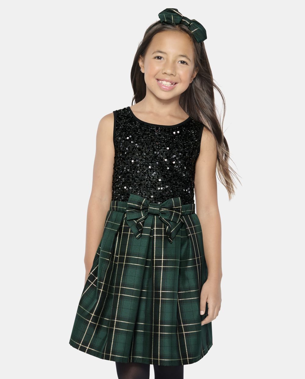 Girls Sleeveless Fit-and-Flare Crew Neck Plaid Print Fitted Sequined Mesh Above the Knee Dress With a Bow(s)