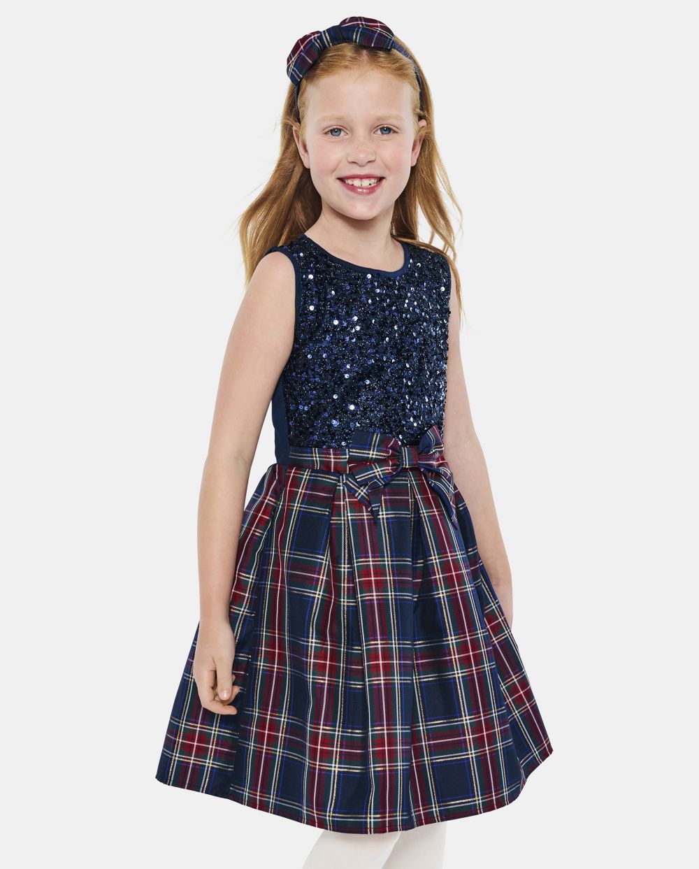 Girls Above the Knee Crew Neck Sequined Fitted Mesh Fit-and-Flare Plaid Print Sleeveless Dress With a Bow(s)
