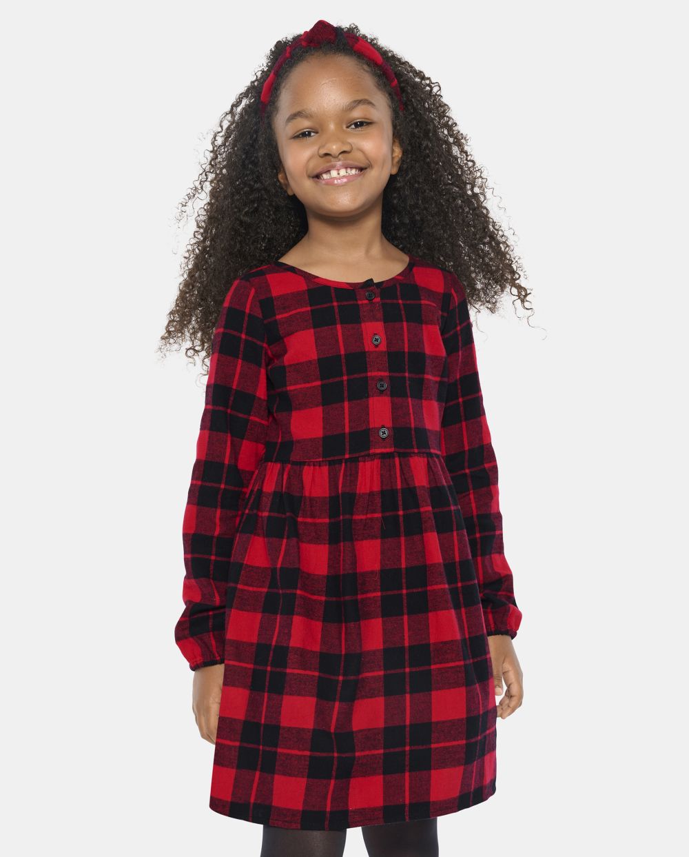 Girls Long Sleeves Above the Knee Button Front Plaid Print Crew Neck Shirt Dress
