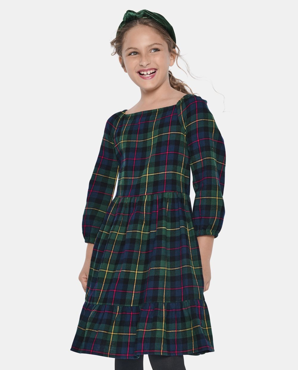 Girls Above the Knee Tiered Square Neck Plaid Print Long Sleeves Dress