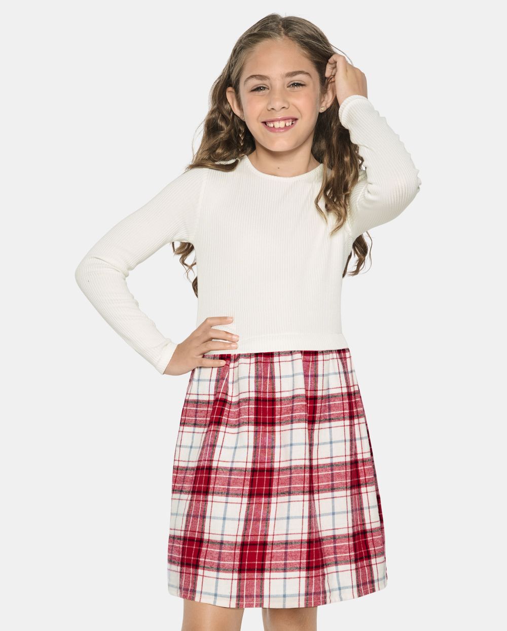 Girls Above the Knee Fitted Long Sleeves Plaid Print Fit-and-Flare Crew Neck Dress