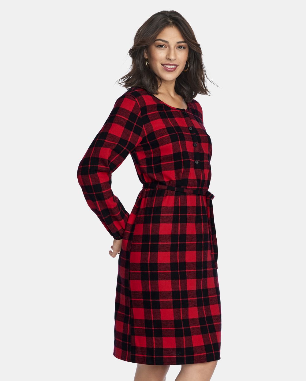 Button Front Self Tie Belted Crew Neck Plaid Print Long Sleeves Above the Knee Tie Waist Waistline Shirt Dress