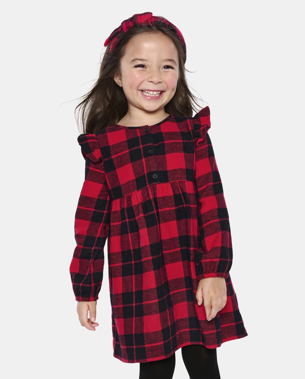 Toddler Baby Crew Neck Above the Knee Button Front Plaid Print Flutter Long Sleeves Shirt Dress