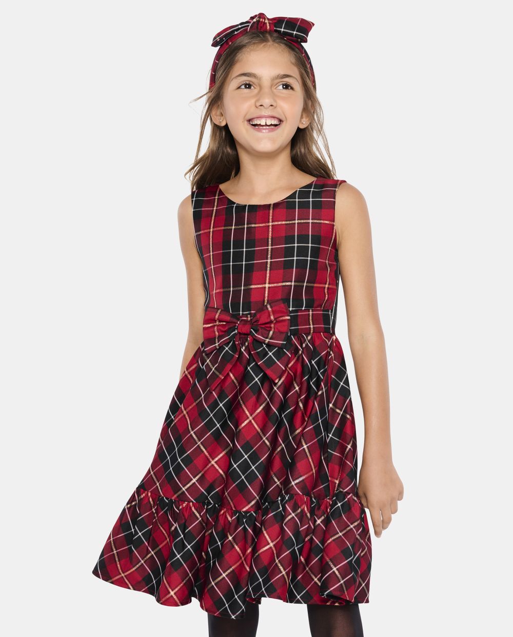 Girls Fit-and-Flare Plaid Print Sleeveless Mesh Fitted Tiered Back Zipper Above the Knee Crew Neck Dress With a Bow(s)