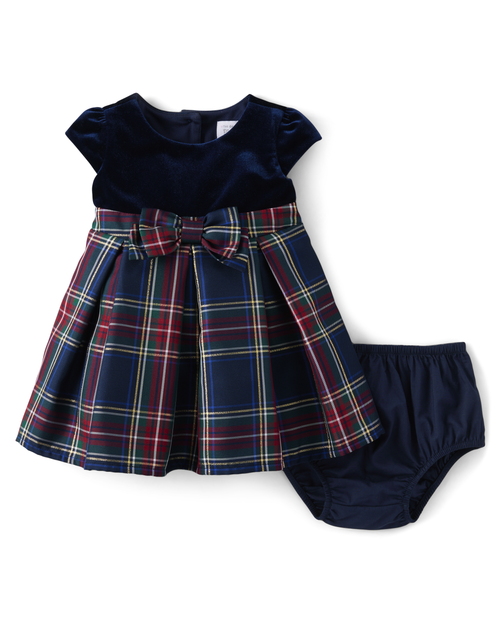 Toddler Elasticized Waistline Mesh Fitted Plaid Print Cap Short Sleeves Sleeves Crew Neck Fit-and-Flare Above the Knee Dress With a Bow(s)