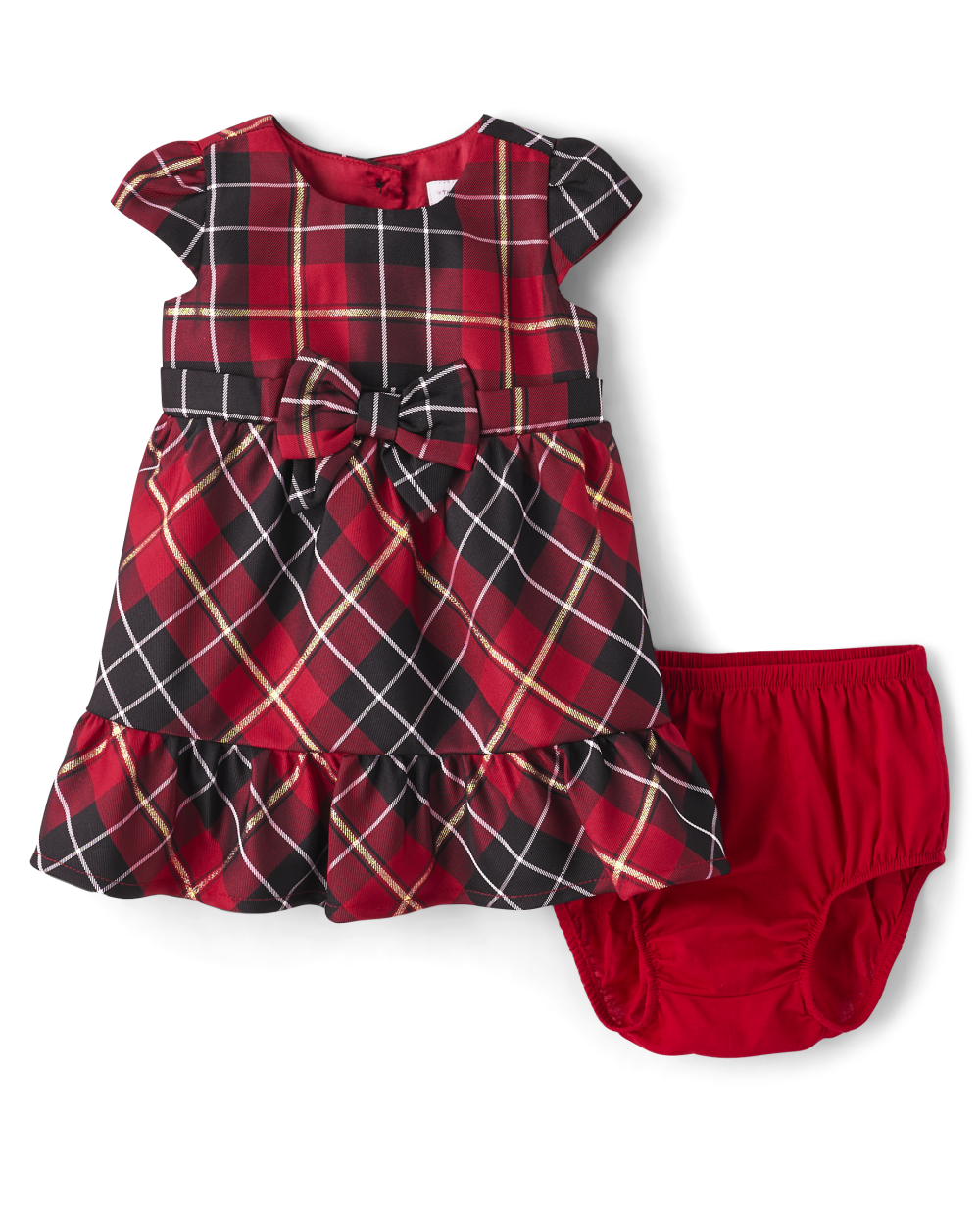 Toddler Fit-and-Flare Elasticized Waistline Above the Knee Cap Short Sleeves Sleeves Fitted Mesh Tiered Crew Neck Plaid Print Dress With a Bow(s)