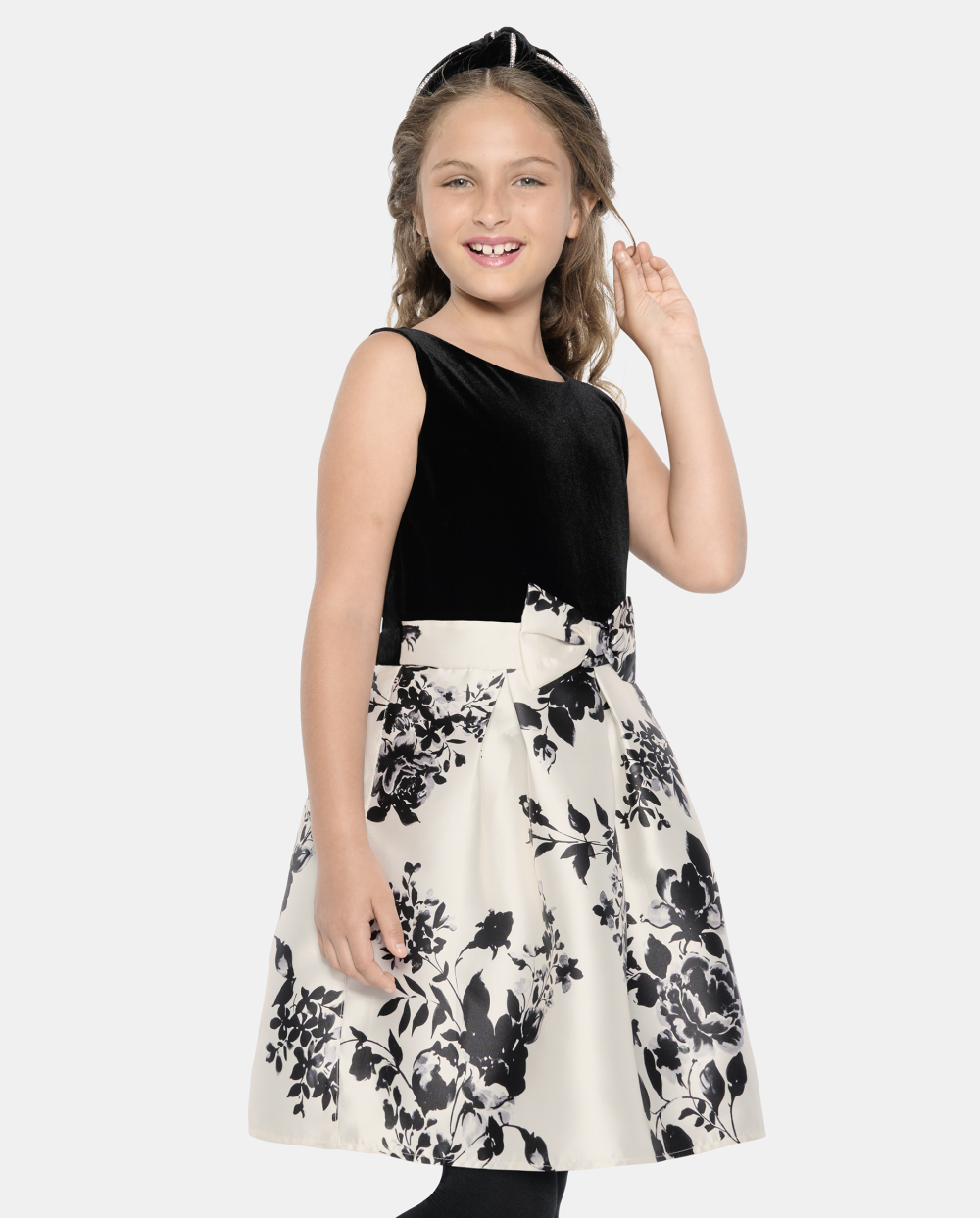 Girls Floral Print Fit-and-Flare Above the Knee Crew Neck Sleeveless Back Zipper Fitted Dress With a Bow(s)