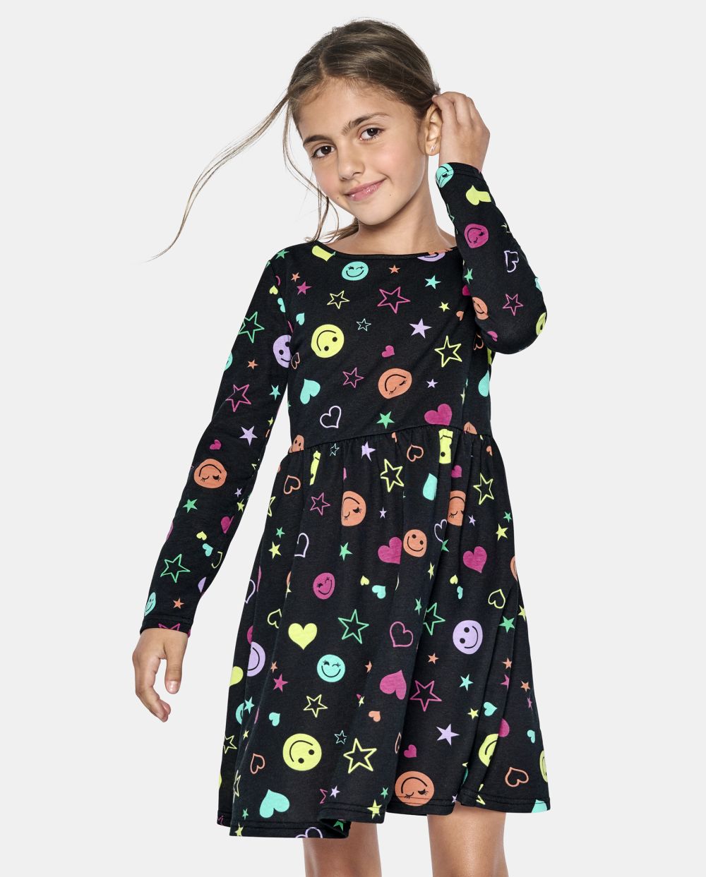 Girls Long Sleeves Above the Knee Crew Neck General Print Dress