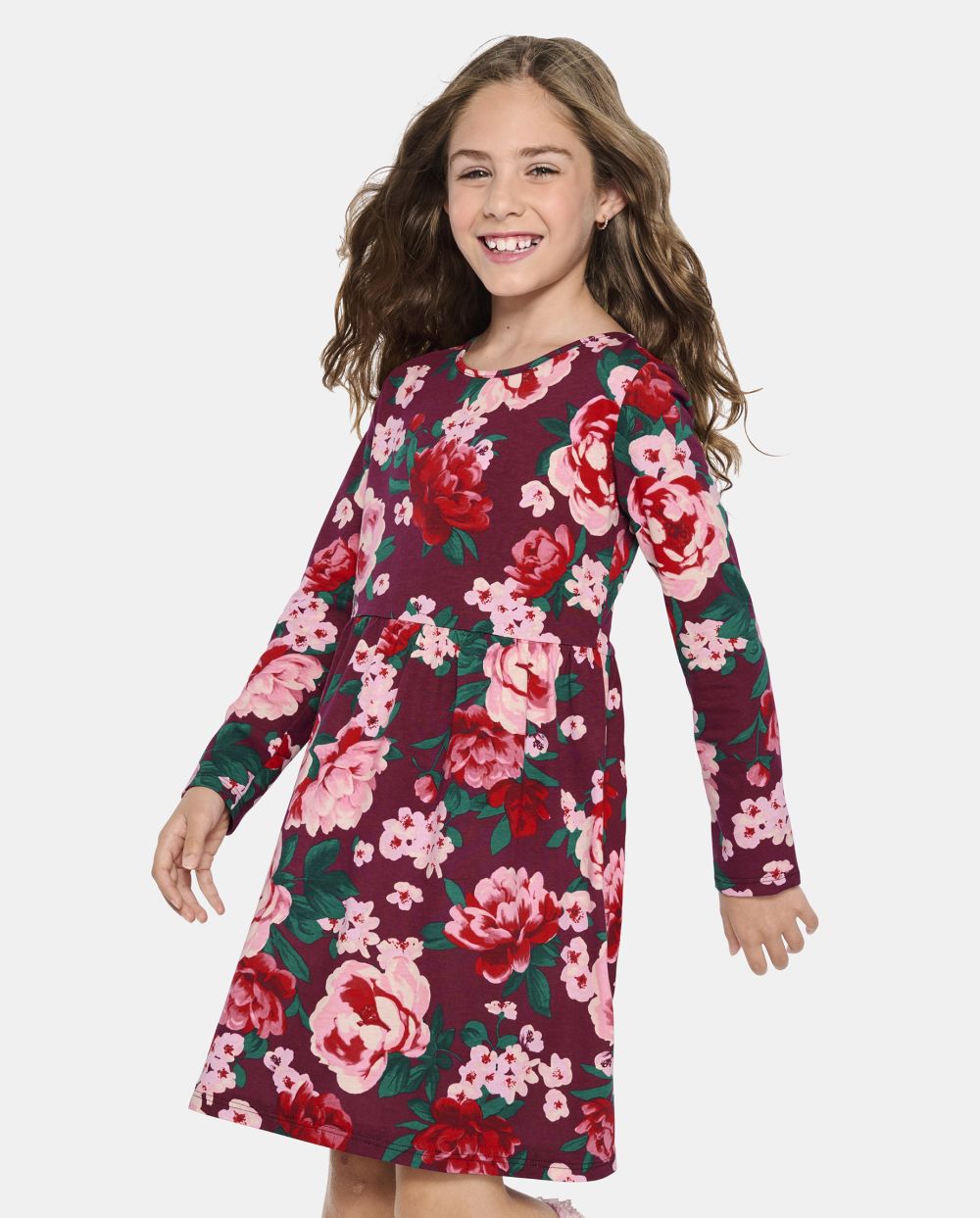 Girls Long Sleeves Crew Neck Above the Knee Floral Print Dress