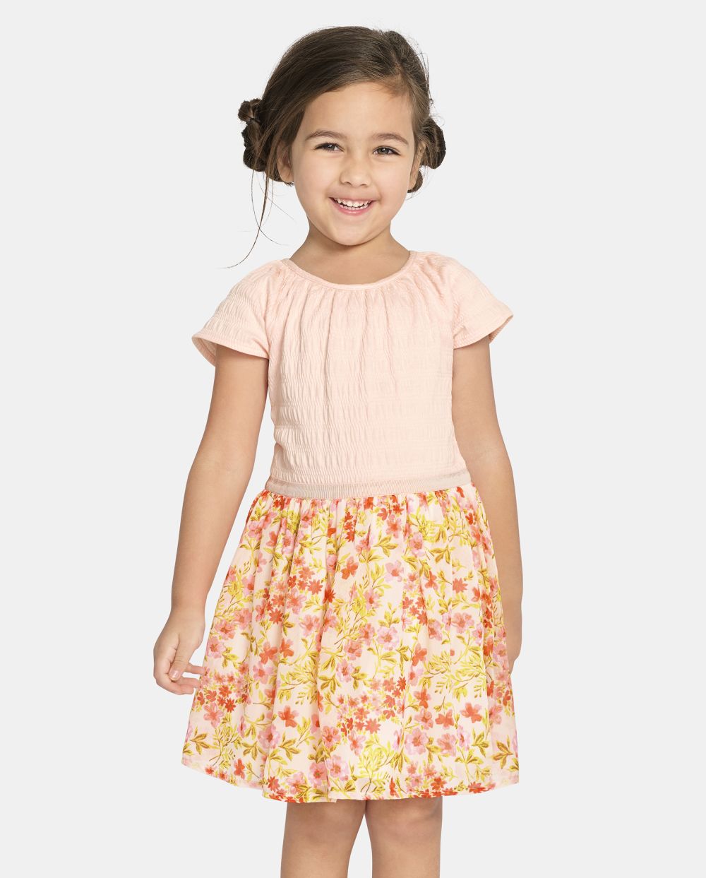 Toddler Baby Crew Neck Smocked Flutter Raglan Short Sleeves Sleeves Fitted Jacquard Above the Knee Fit-and-Flare Floral Print Dress