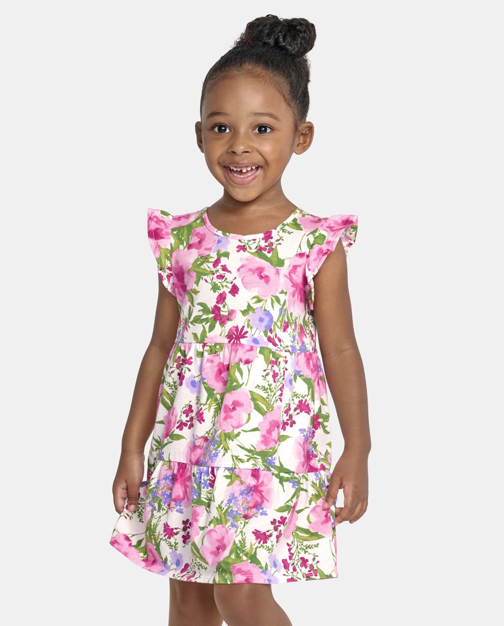 Toddler Baby Above the Knee Tiered Flutter Sleeves Sleeveless Crew Neck Floral Print Dress