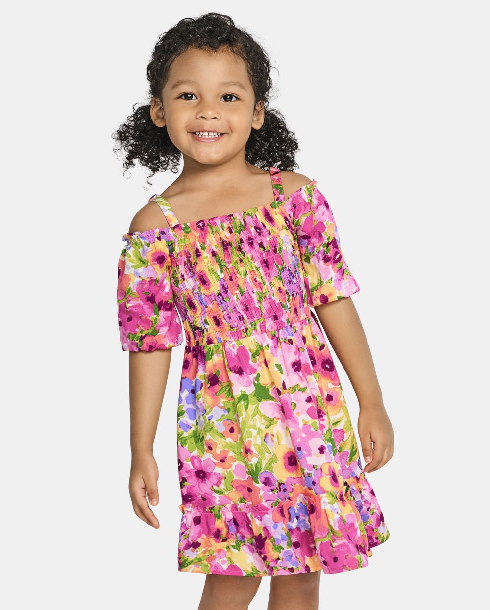 Toddler Cold Shoulder Long Sleeves Off the Shoulder Smocked Above the Knee Floral Print Rayon Dress With Ruffles