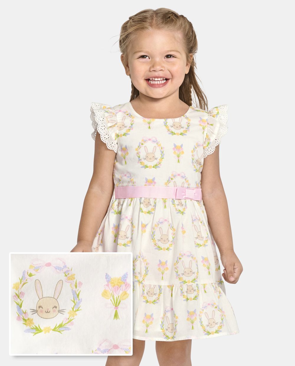 Toddler Above the Knee Flutter Sleeves Sleeveless Crew Neck General Print Dress With a Bow(s) and Ruffles