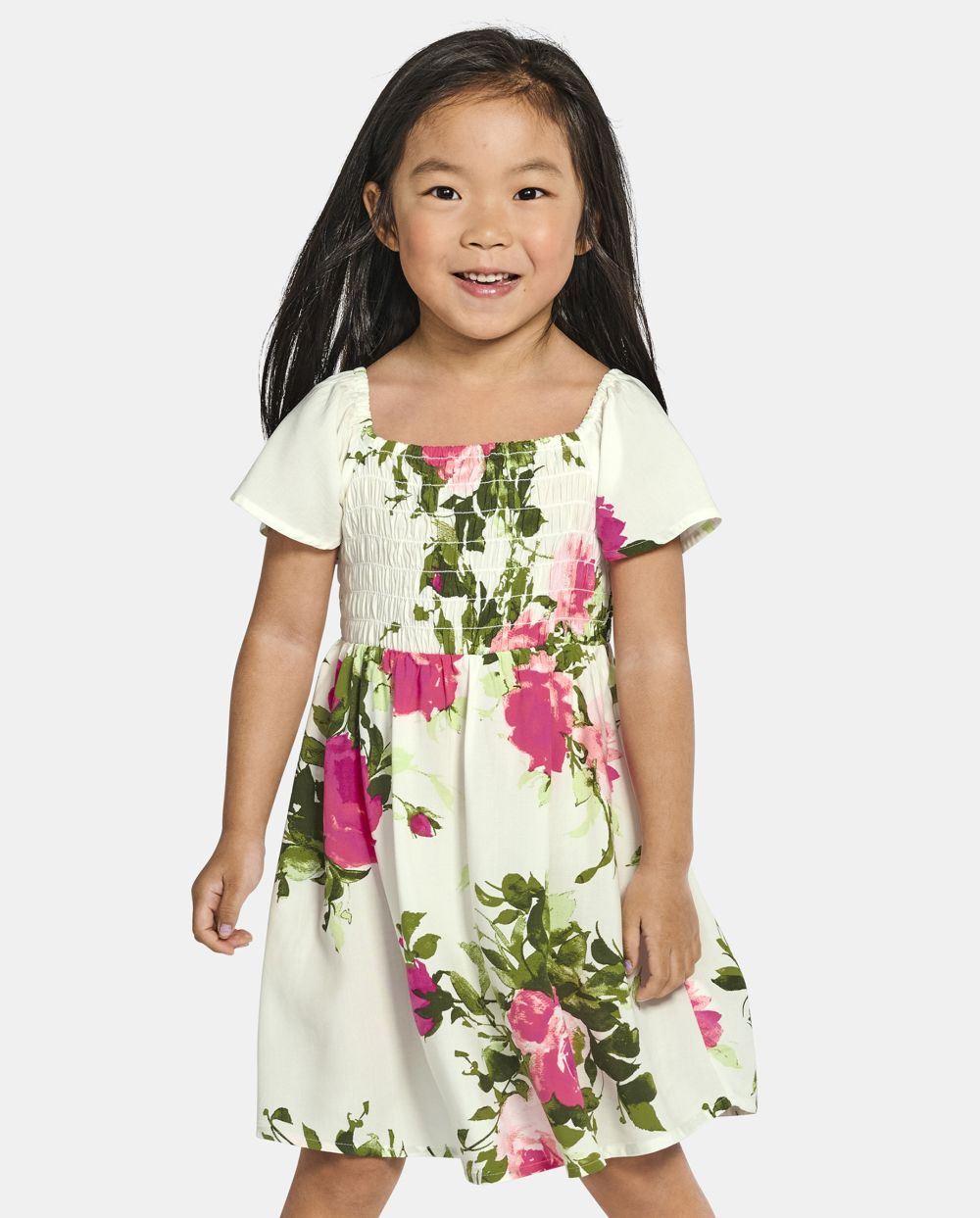 Toddler Floral Print Rayon Flutter Short Sleeves Sleeves Smocked Square Neck Above the Knee Dress