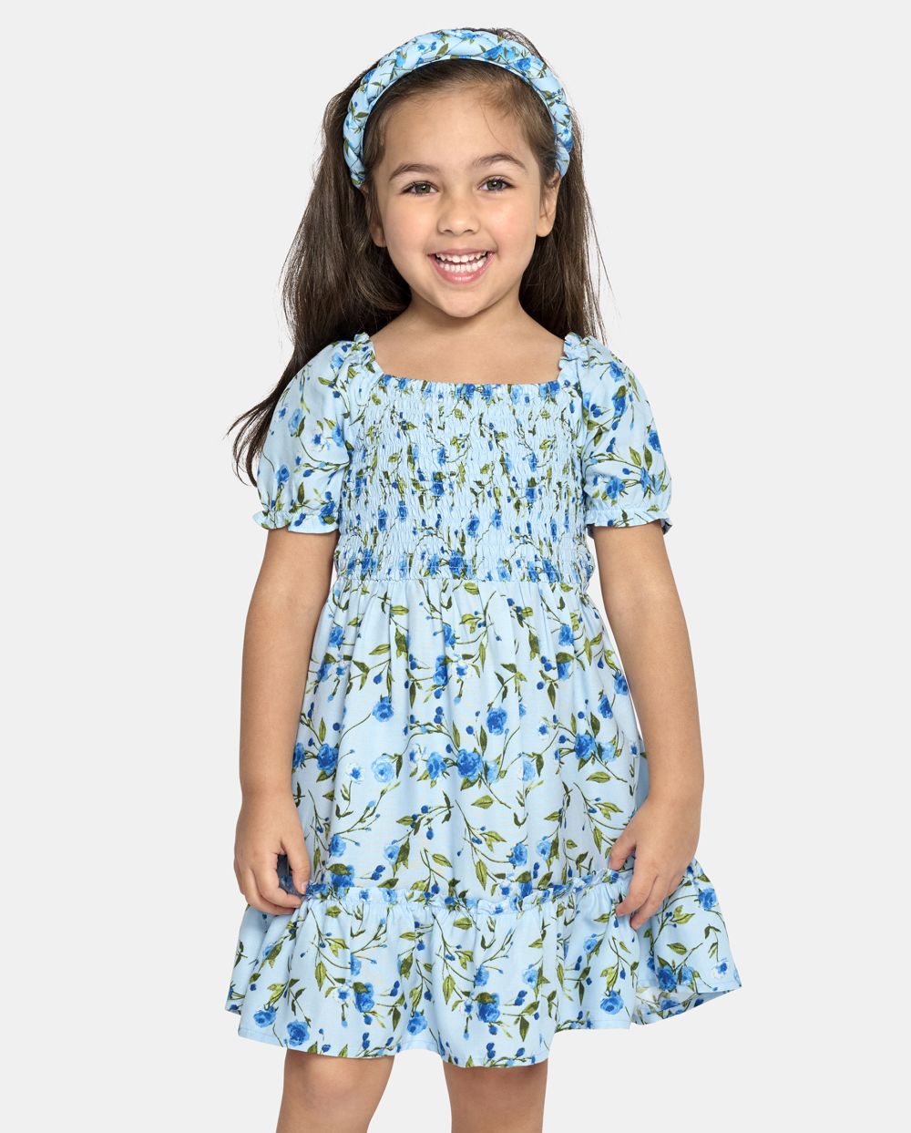 Toddler Floral Print Rayon Above the Knee Puff Sleeves Sleeves Smocked Square Neck Dress With Ruffles