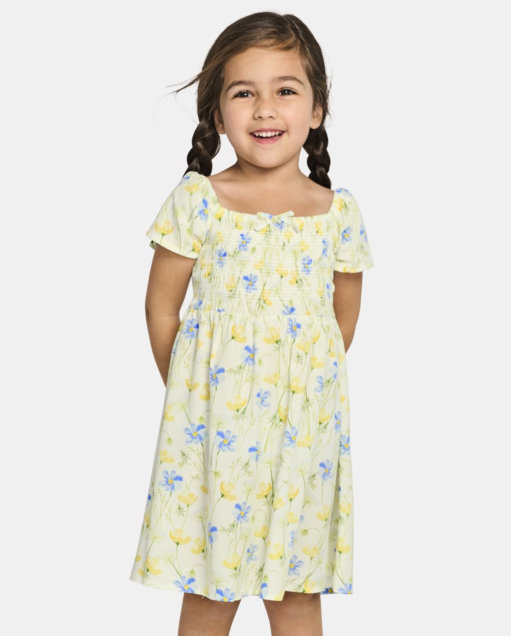 Toddler Rayon Above the Knee Flutter Short Sleeves Sleeves Smocked Square Neck Floral Print Dress With a Bow(s)