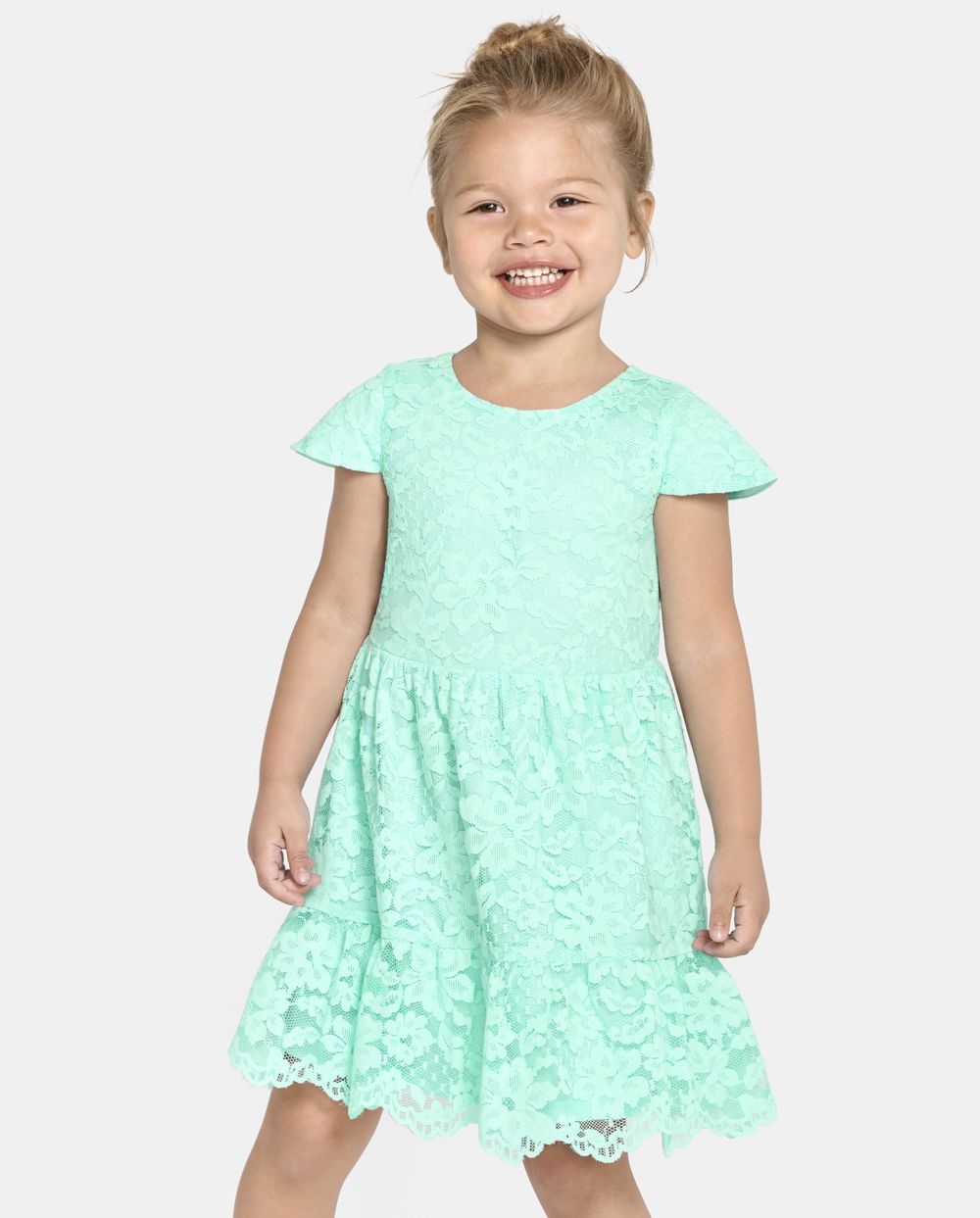 Toddler Above the Knee V Back Cap Short Sleeves Sleeves Crew Neck Dress With Ruffles