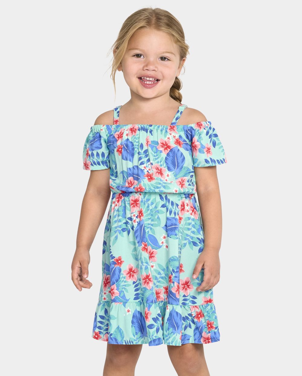 Toddler Cold Shoulder Short Sleeves Sleeves Off the Shoulder Rayon Tropical Print Above the Knee Dress With Ruffles