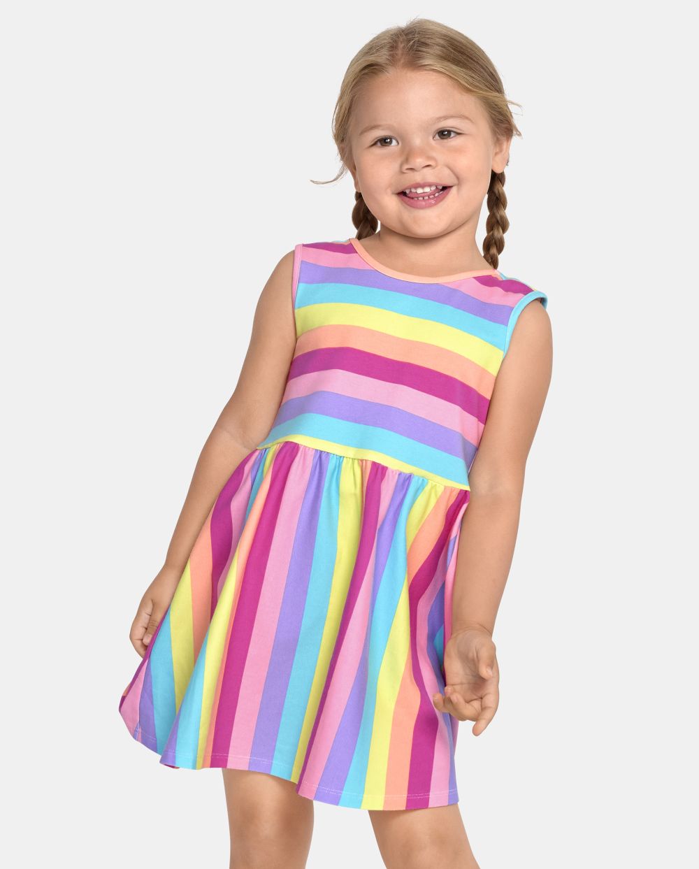 Toddler Baby Striped Print Above the Knee Crew Neck Sleeveless Dress