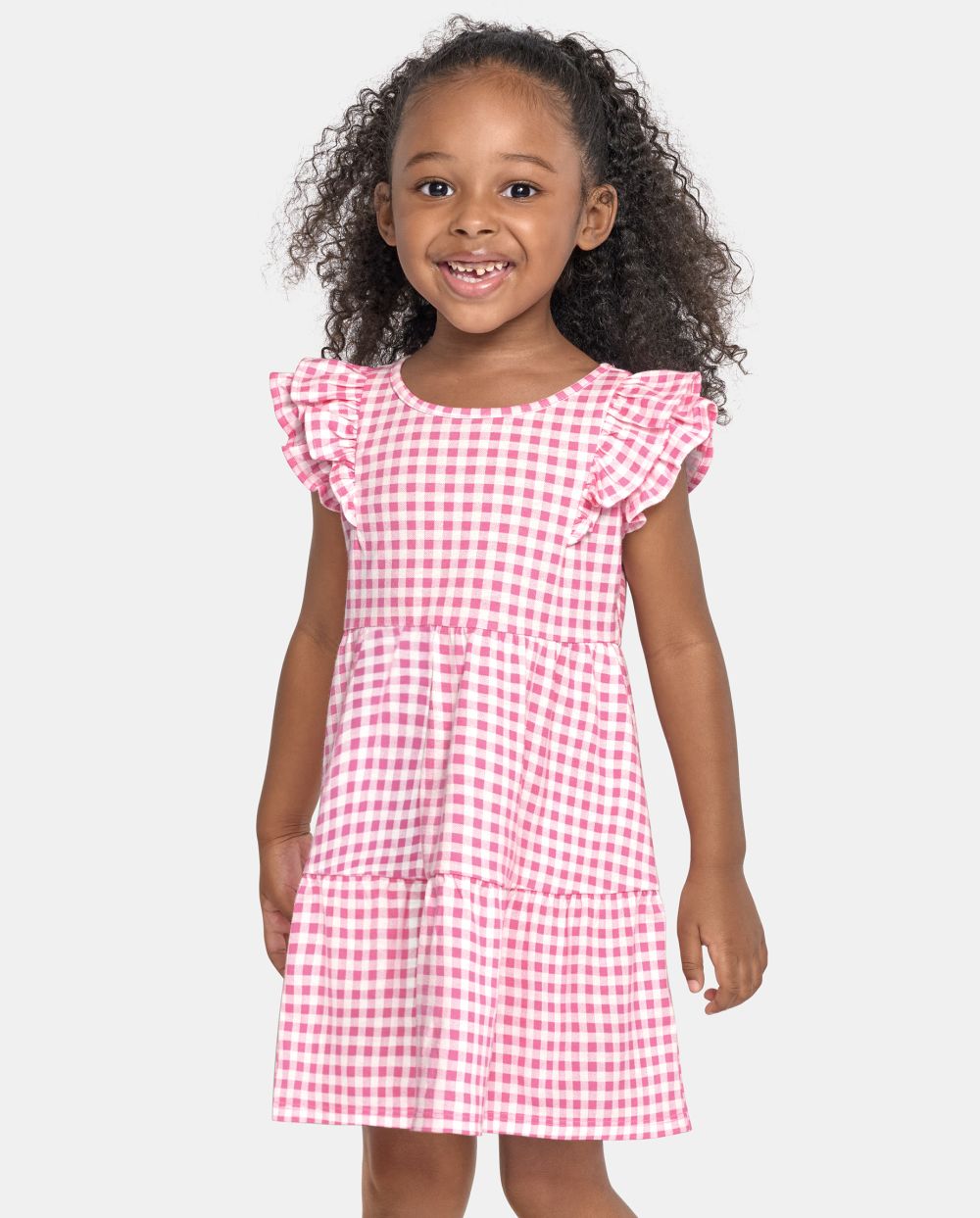 Toddler Baby Above the Knee Checkered Gingham Print Flutter Sleeves Sleeveless Tiered Crew Neck Dress
