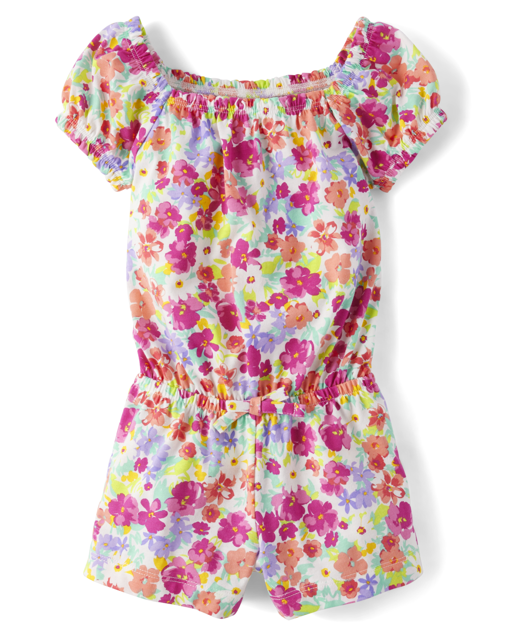 Toddler Baby Square Neck Short Snap Closure Floral Print Puff Sleeves Sleeves Romper