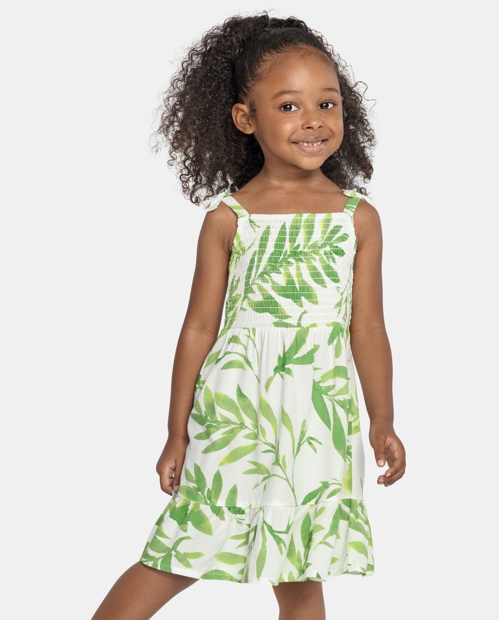 Toddler Smocked Square Neck Above the Knee Sleeveless General Print Rayon Dress With a Bow(s) and Ruffles