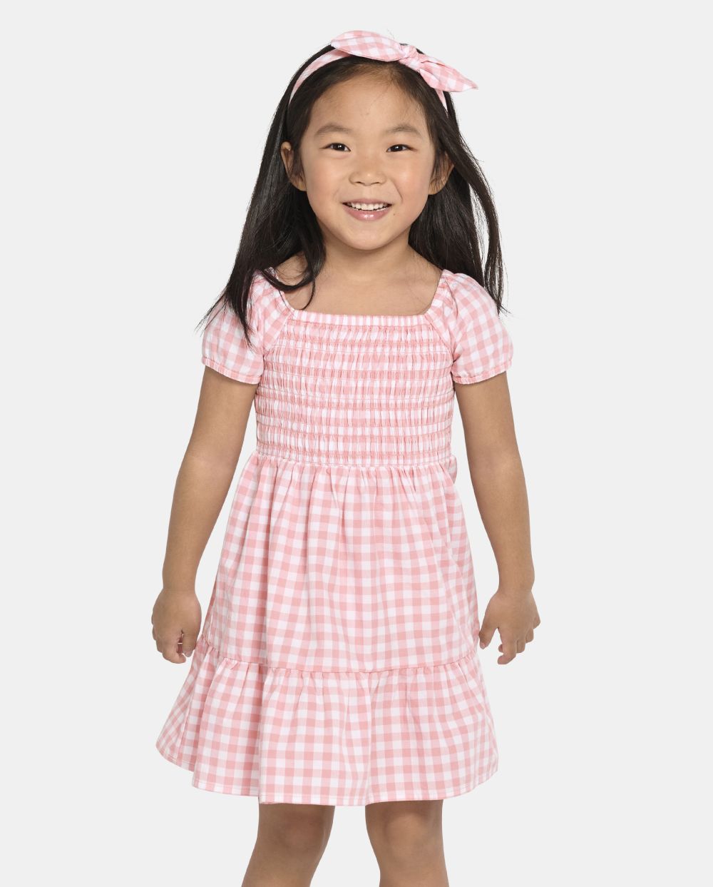 Toddler Smocked Square Neck Puff Sleeves Sleeves Checkered Gingham Print Above the Knee Dress With Ruffles