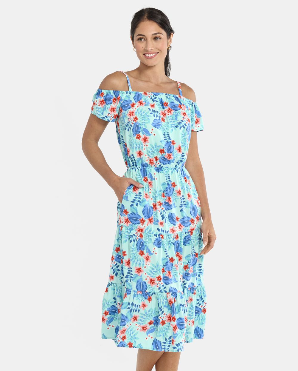 Rayon Cold Shoulder Short Sleeves Sleeves Off the Shoulder Tropical Print Tiered Midi Dress