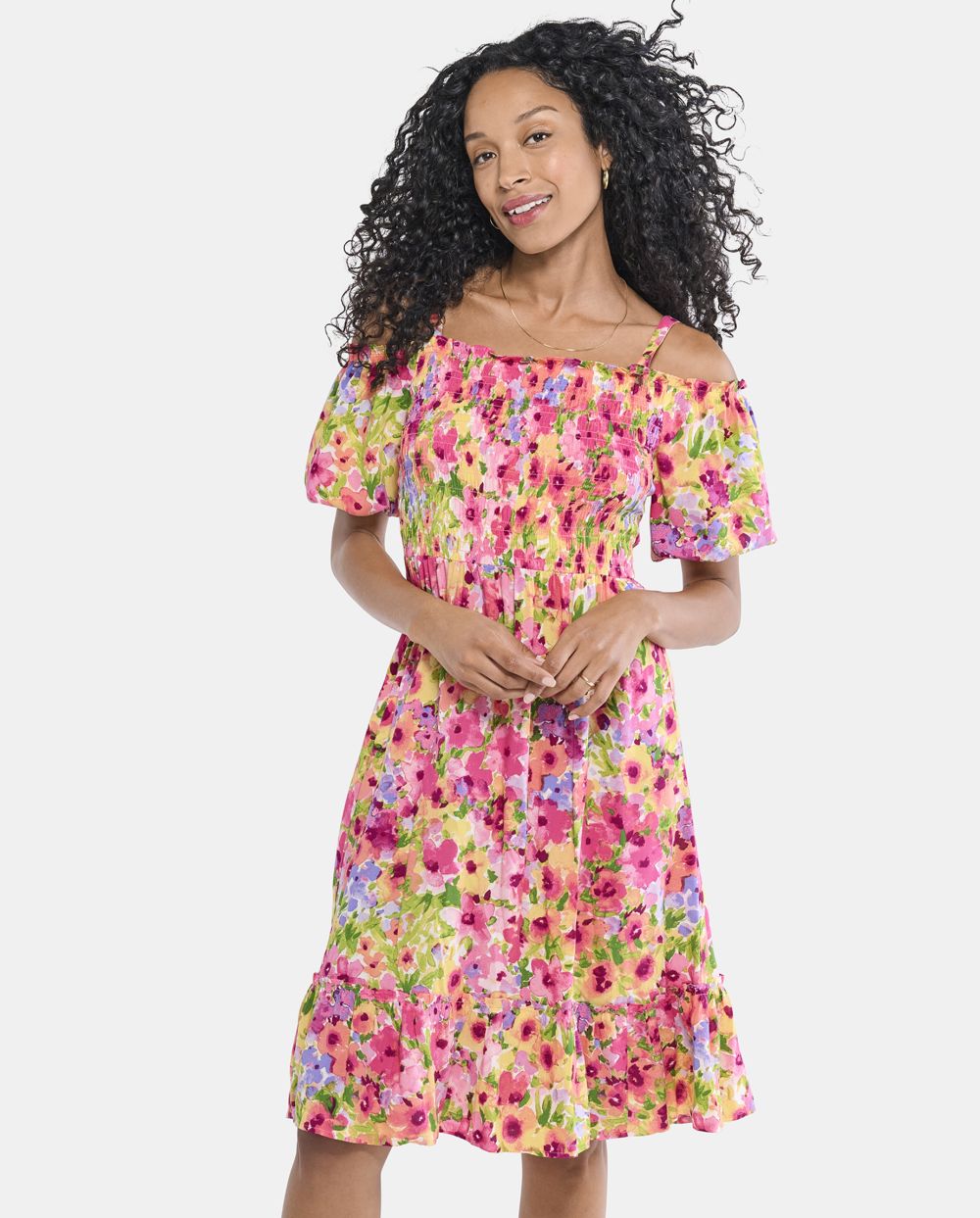 Floral Print Above the Knee Cold Shoulder Short Sleeves Sleeves Off the Shoulder Rayon Smocked Dress With Ruffles