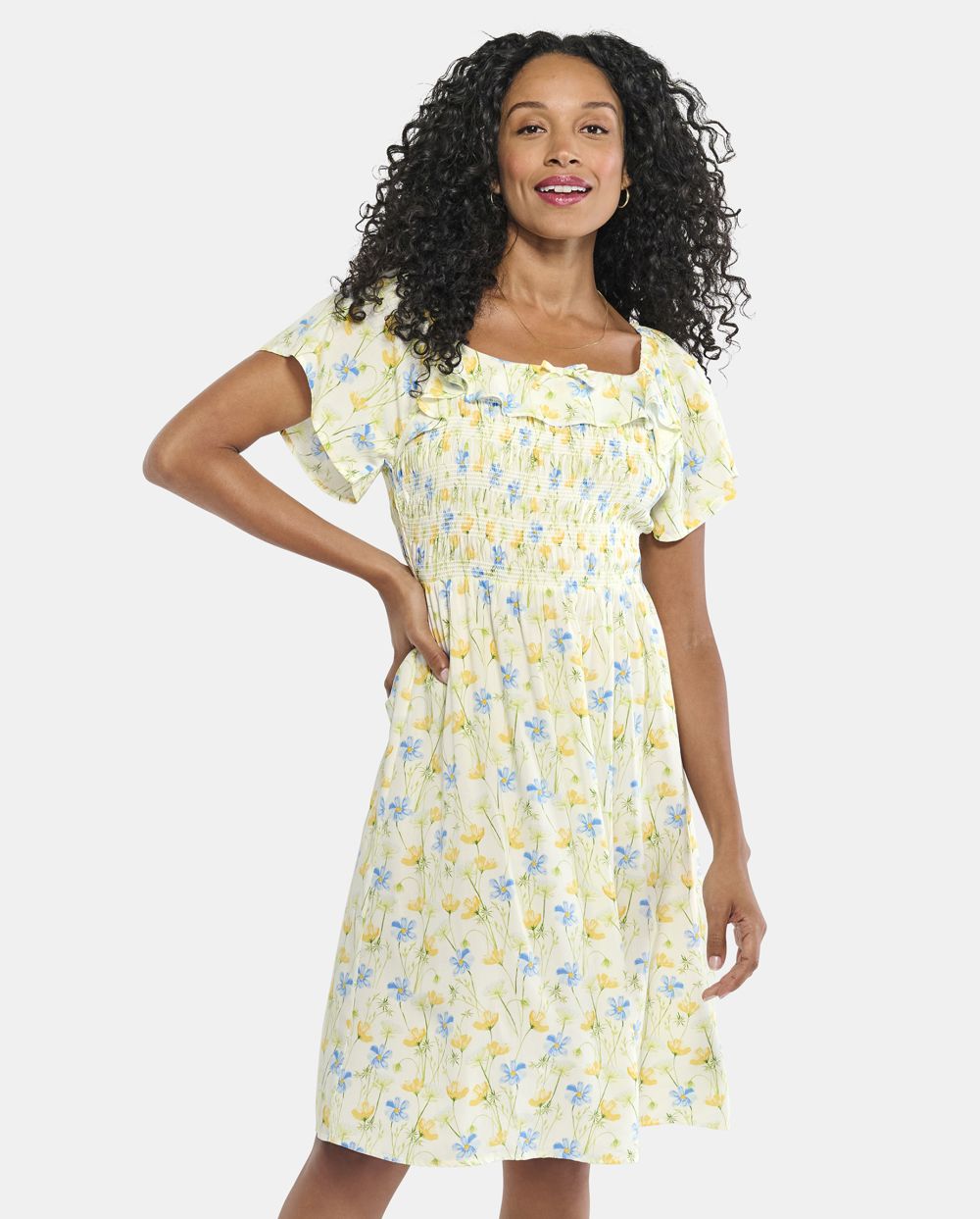 Smocked Square Neck Flutter Short Sleeves Sleeves Floral Print Above the Knee Rayon Dress With a Bow(s)