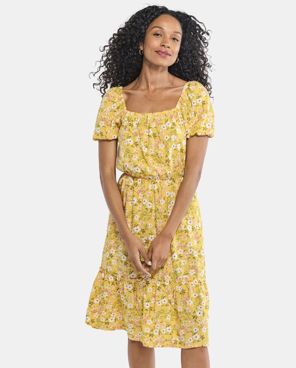 Tiered Rayon Square Neck Floral Print Puff Sleeves Sleeves Midi Dress