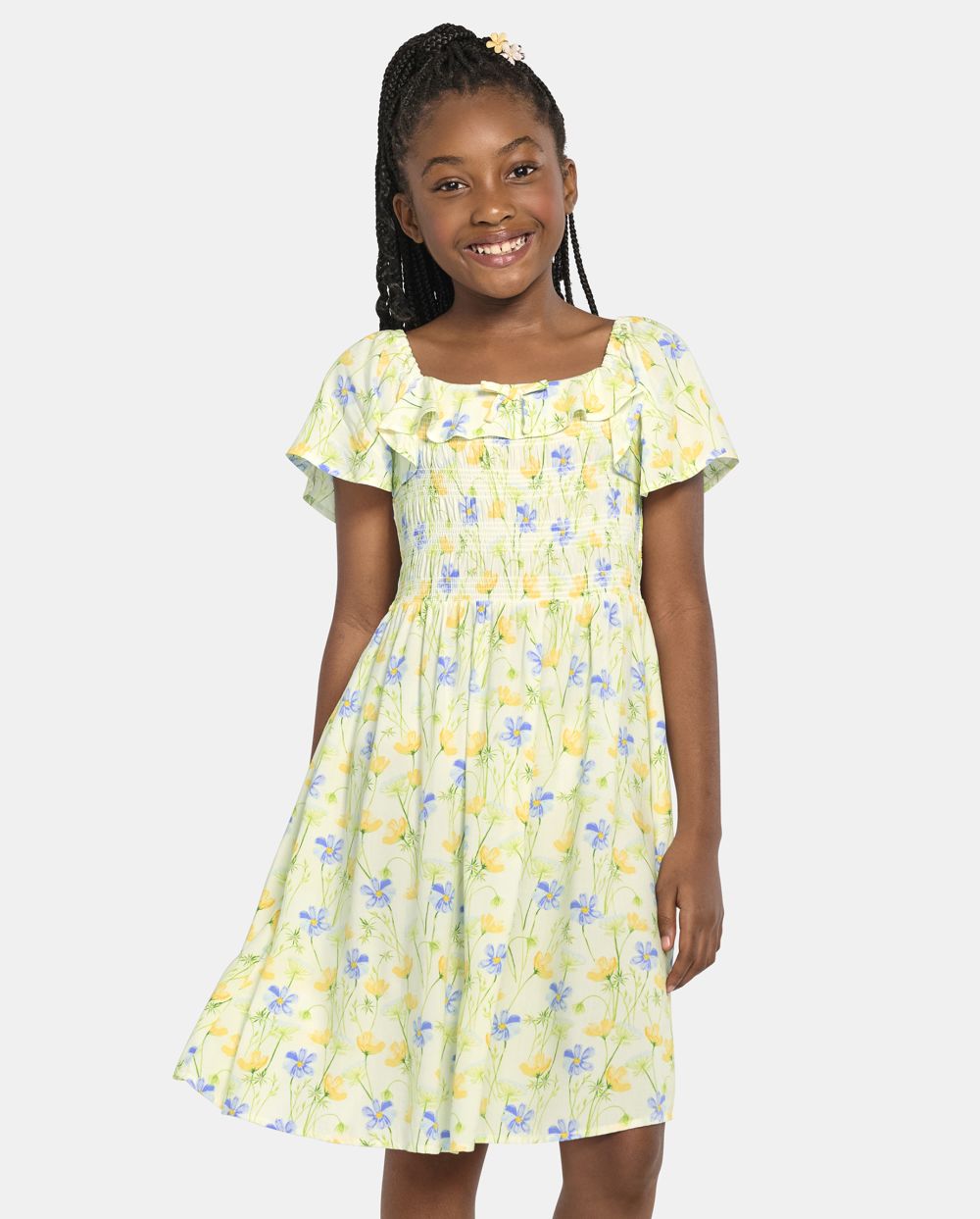 Girls Above the Knee Smocked Square Neck Floral Print Rayon Flutter Short Sleeves Sleeves Dress With a Bow(s)