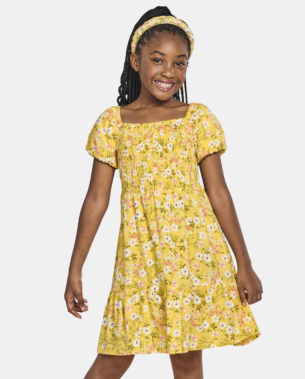 Girls Puff Sleeves Sleeves Rayon Smocked Square Neck Above the Knee Floral Print Dress With Ruffles