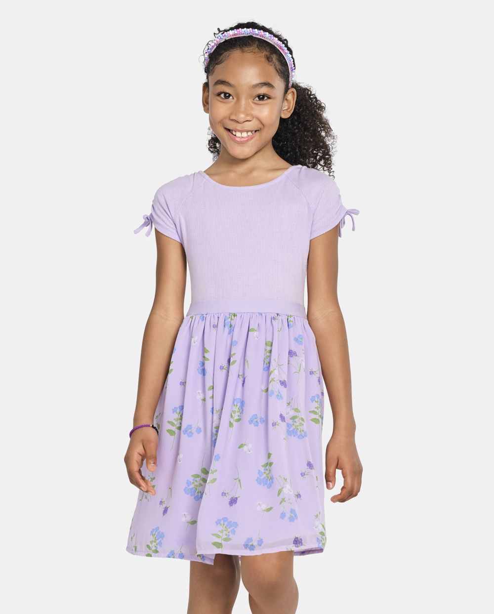Girls Crew Neck Above the Knee Fit-and-Flare Floral Print Raglan Sleeves Fitted Ribbed Ruched Dress With a Bow(s)