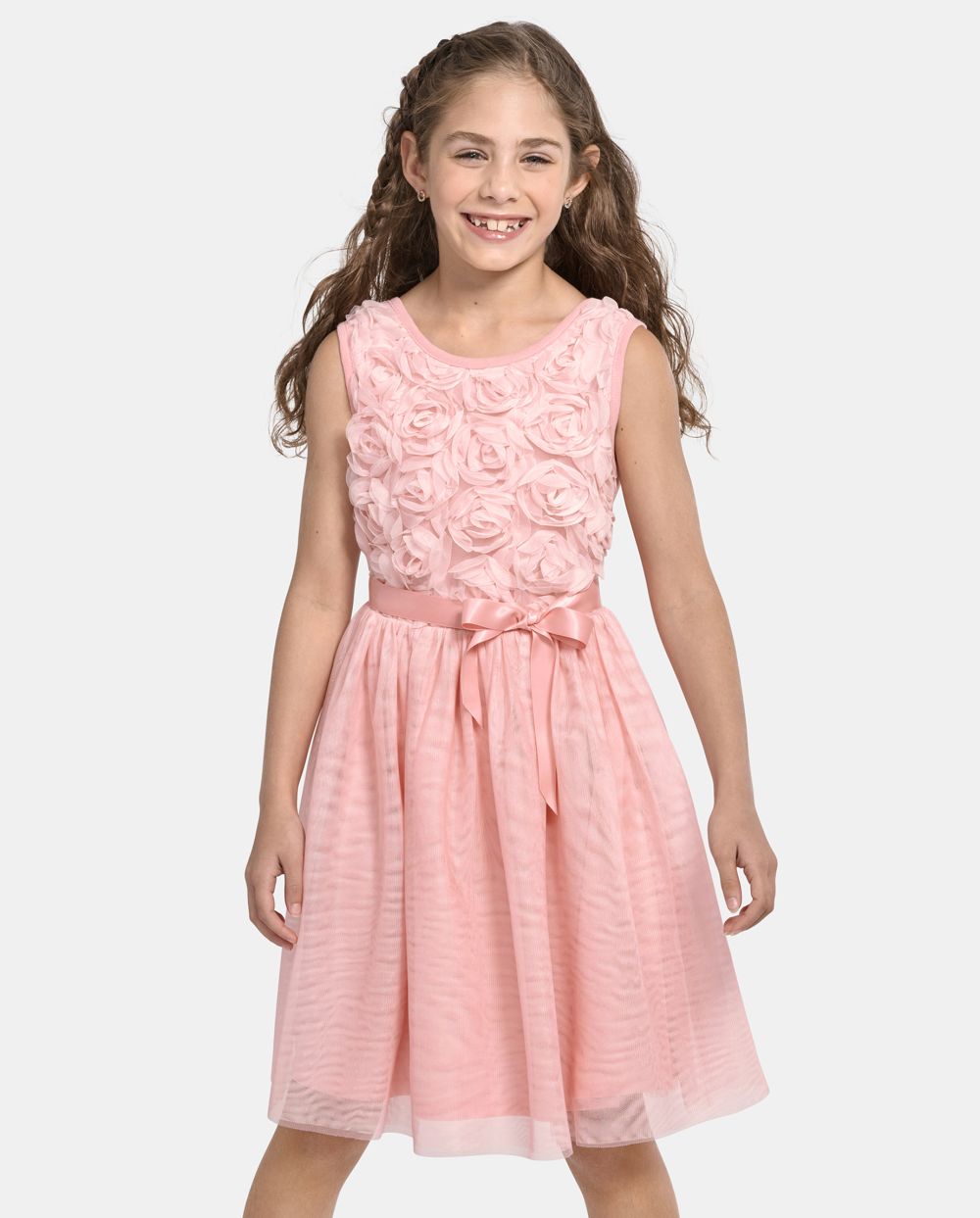 Girls Fit-and-Flare Tie Waist Waistline Sleeveless Above the Knee Crew Neck Belted Mesh Self Tie Fitted Dress