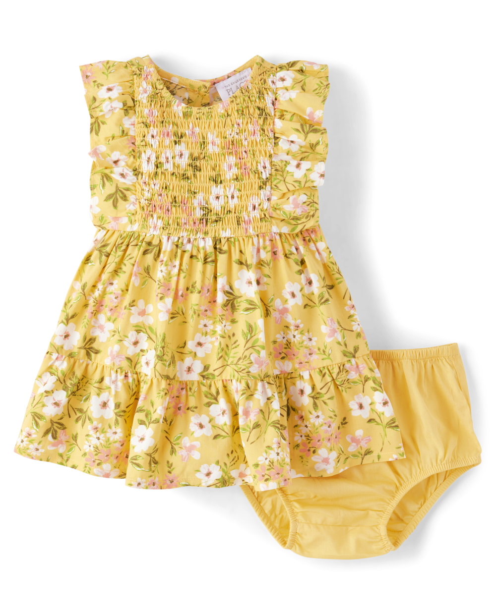 Toddler Above the Knee Elasticized Waistline Floral Print Crew Neck Smocked Flutter Sleeves Sleeveless Dress With Ruffles