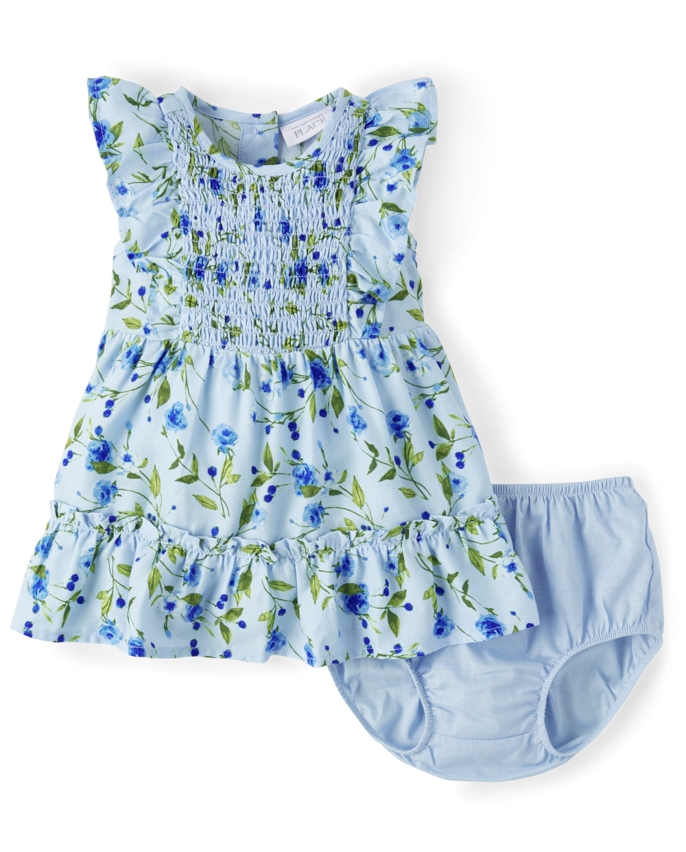 Toddler Elasticized Waistline Above the Knee Crew Neck Smocked Floral Print Flutter Sleeves Sleeveless Dress With Ruffles