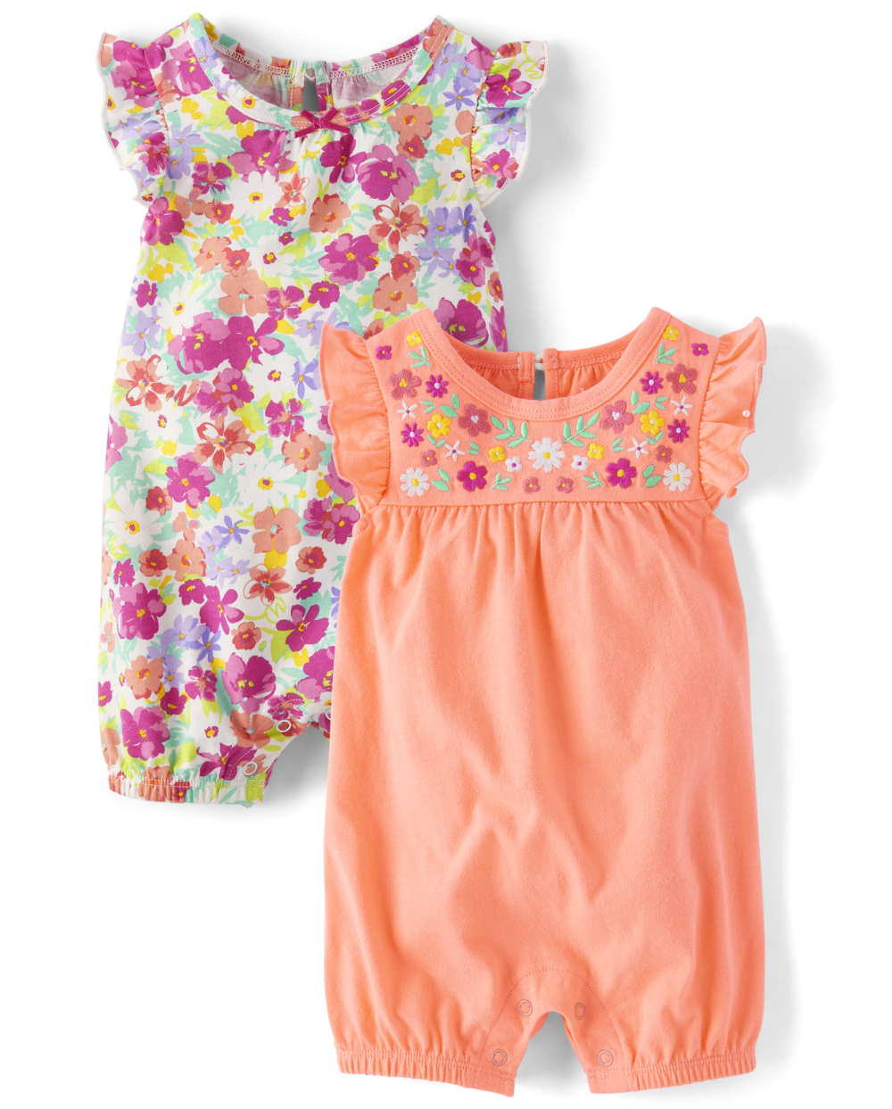 Toddler Baby Crew Neck Floral Print Keyhole Snap Closure Flutter Sleeves Sleeveless Romper