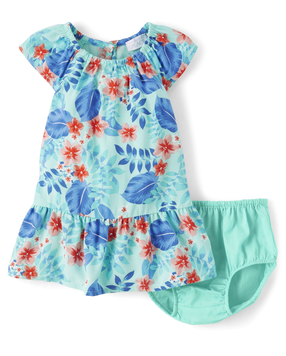 Toddler Tropical Print Keyhole Above the Knee Elasticized Waistline Flutter Short Sleeves Sleeves Square Neck Dress With Ruffles