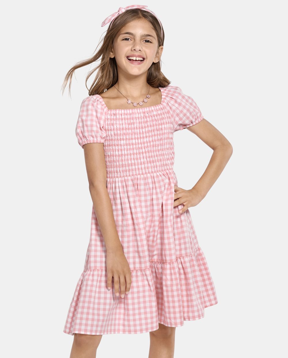 Girls Above the Knee Puff Sleeves Sleeves Tiered Smocked Square Neck Checkered Gingham Print Dress